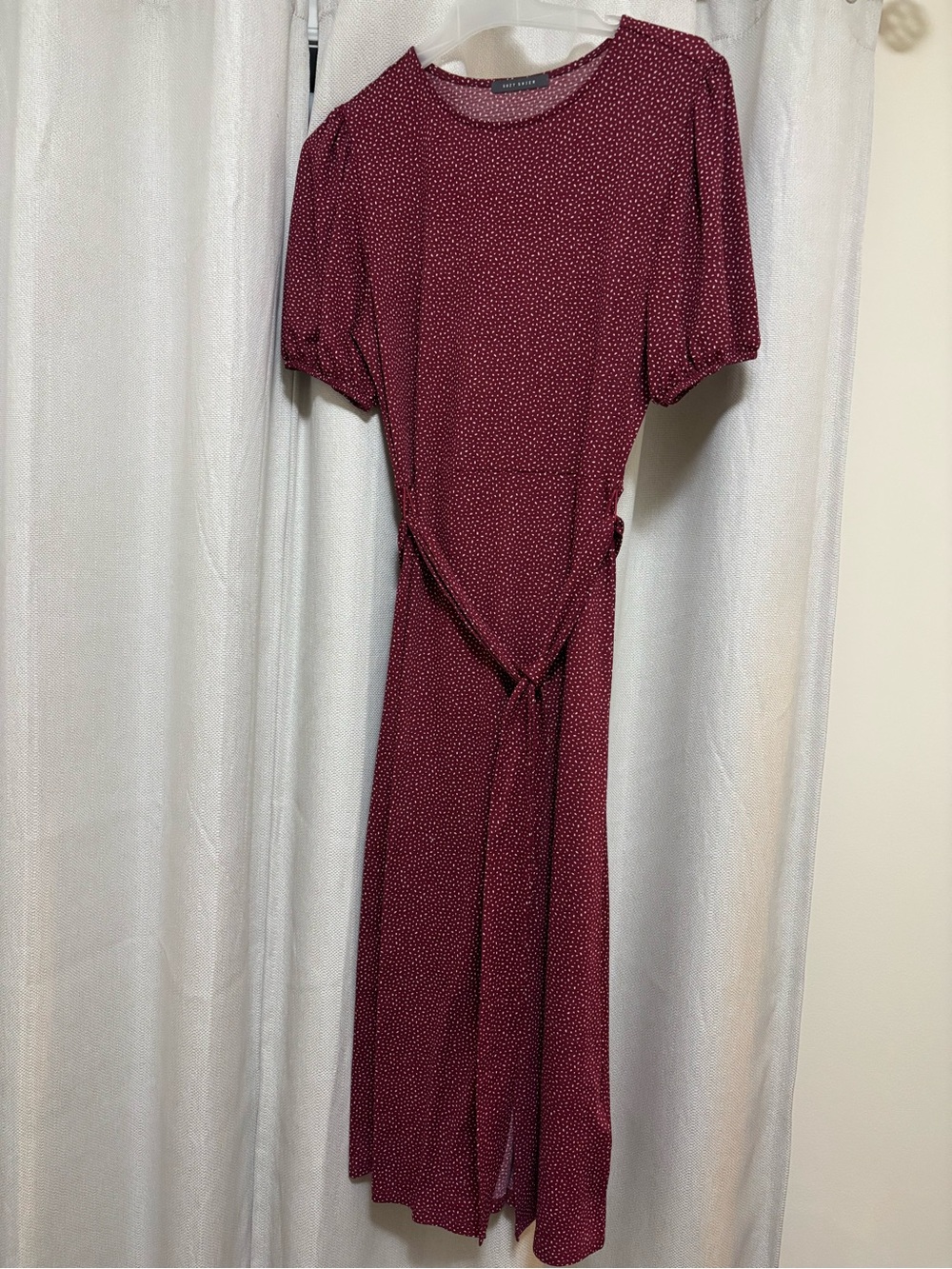 Suzy Shier Burgundy Polka Dot Midi Dress with Tie Waist